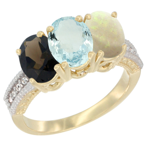 14K Yellow Gold Natural Smoky Topaz, Aquamarine & Opal Ring 3-Stone 7x5 mm Oval Diamond Accent, sizes 5 - 10