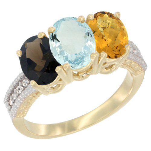 14K Yellow Gold Natural Smoky Topaz, Aquamarine & Whisky Quartz Ring 3-Stone 7x5 mm Oval Diamond Accent, sizes 5 - 10