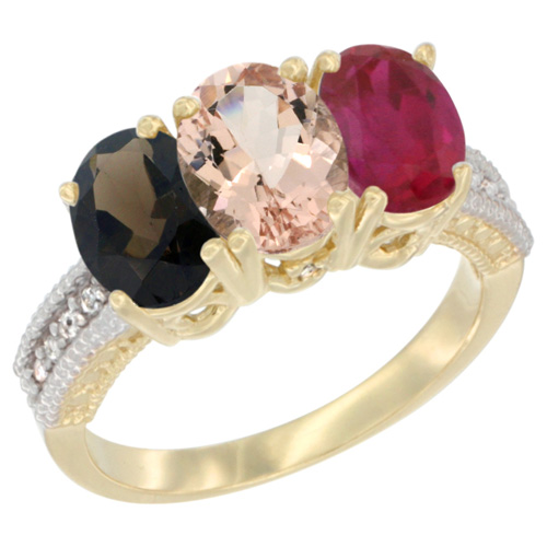 10K Yellow Gold Diamond Natural Smoky Topaz, Morganite & Enhanced Ruby Ring 3-Stone 7x5 mm Oval, sizes 5 - 10