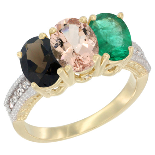 14K Yellow Gold Natural Smoky Topaz, Morganite & Emerald Ring 3-Stone 7x5 mm Oval Diamond Accent, sizes 5 - 10
