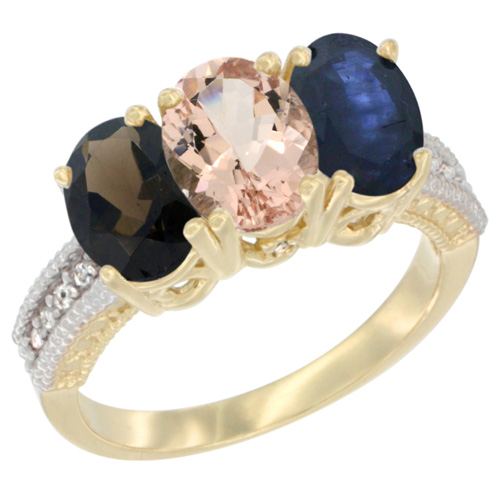 14K Yellow Gold Natural Smoky Topaz, Morganite & Blue Sapphire Ring 3-Stone 7x5 mm Oval Diamond Accent, sizes 5 - 10