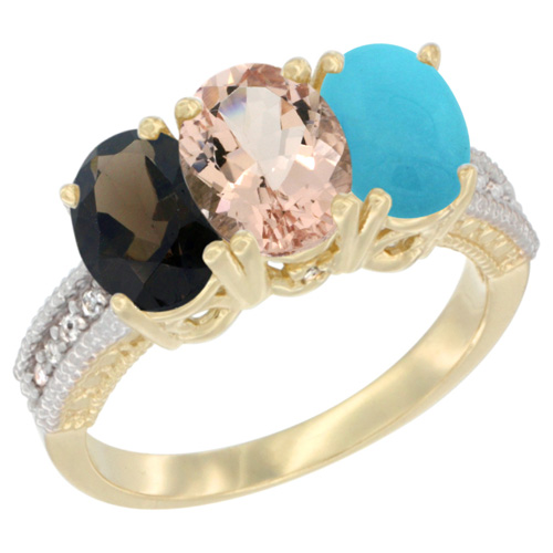 14K Yellow Gold Natural Smoky Topaz, Morganite & Turquoise Ring 3-Stone 7x5 mm Oval Diamond Accent, sizes 5 - 10