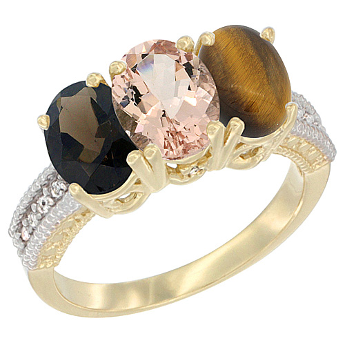 14K Yellow Gold Natural Smoky Topaz, Morganite & Tiger Eye Ring 3-Stone 7x5 mm Oval Diamond Accent, sizes 5 - 10