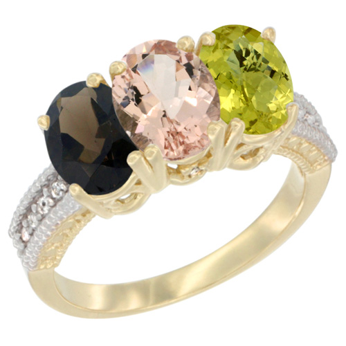 14K Yellow Gold Natural Smoky Topaz, Morganite & Lemon Quartz Ring 3-Stone 7x5 mm Oval Diamond Accent, sizes 5 - 10
