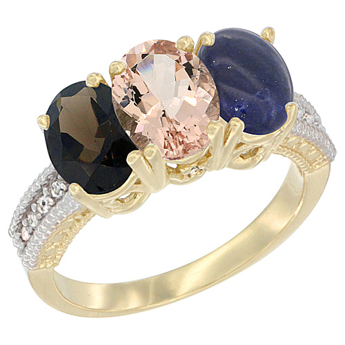 14K Yellow Gold Natural Smoky Topaz, Morganite & Lapis Ring 3-Stone 7x5 mm Oval Diamond Accent, sizes 5 - 10