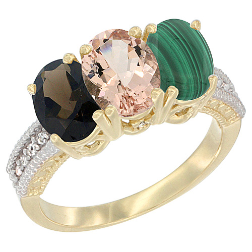 14K Yellow Gold Natural Smoky Topaz, Morganite & Malachite Ring 3-Stone 7x5 mm Oval Diamond Accent, sizes 5 - 10