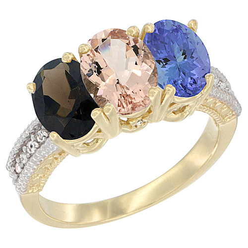 14K Yellow Gold Natural Smoky Topaz, Morganite & Tanzanite Ring 3-Stone 7x5 mm Oval Diamond Accent, sizes 5 - 10