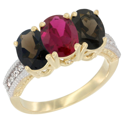 14K Yellow Gold Enhanced Ruby & Natural Smoky Topaz Ring 3-Stone 7x5 mm Oval Diamond Accent, sizes 5 - 10