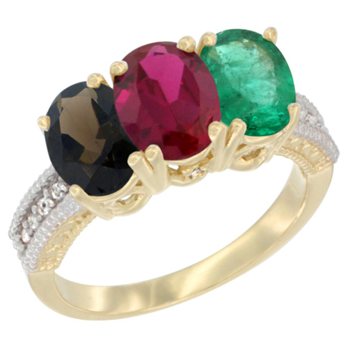 14K Yellow Gold Natural Smoky Topaz, Enhanced Ruby & Natural Emerald Ring 3-Stone 7x5 mm Oval Diamond Accent, sizes 5 - 10