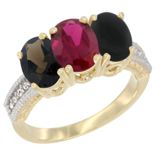 14K Yellow Gold Natural Smoky Topaz, Enhanced Ruby & Natural Black Onyx Ring 3-Stone 7x5 mm Oval Diamond Accent, sizes 5 - 10