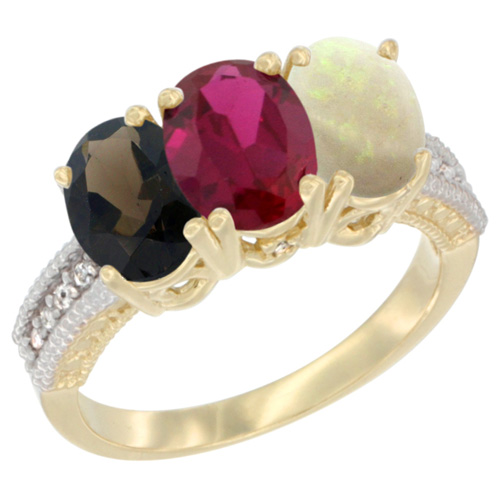 14K Yellow Gold Natural Smoky Topaz, Enhanced Ruby & Natural Opal Ring 3-Stone 7x5 mm Oval Diamond Accent, sizes 5 - 10