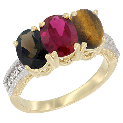 14K Yellow Gold Natural Smoky Topaz, Enhanced Ruby & Natural Tiger Eye Ring 3-Stone 7x5 mm Oval Diamond Accent, sizes 5 - 10