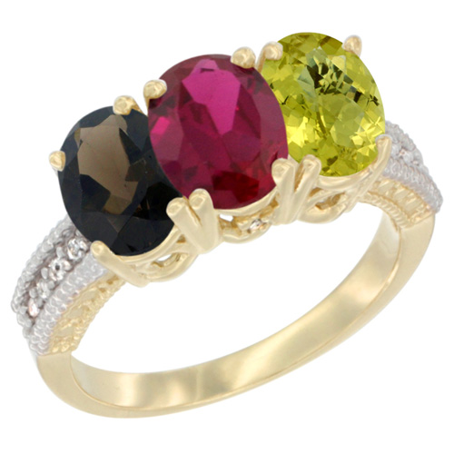 14K Yellow Gold Natural Smoky Topaz, Enhanced Ruby & Natural Lemon Quartz Ring 3-Stone 7x5 mm Oval Diamond Accent, sizes 5 - 10