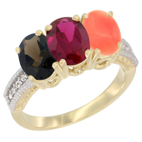 14K Yellow Gold Natural Smoky Topaz, Enhanced Ruby & Natural Coral Ring 3-Stone 7x5 mm Oval Diamond Accent, sizes 5 - 10