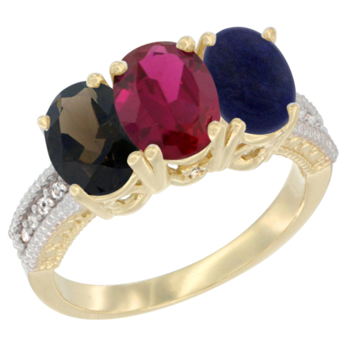 14K Yellow Gold Natural Smoky Topaz, Enhanced Ruby & Natural Lapis Ring 3-Stone 7x5 mm Oval Diamond Accent, sizes 5 - 10