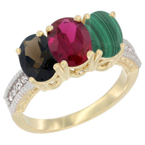 14K Yellow Gold Natural Smoky Topaz, Enhanced Ruby & Natural Malachite Ring 3-Stone 7x5 mm Oval Diamond Accent, sizes 5 - 10