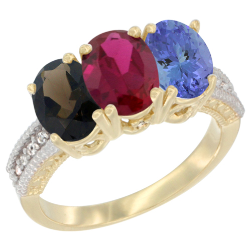 14K Yellow Gold Natural Smoky Topaz, Enhanced Ruby & Natural Tanzanite Ring 3-Stone 7x5 mm Oval Diamond Accent, sizes 5 - 10