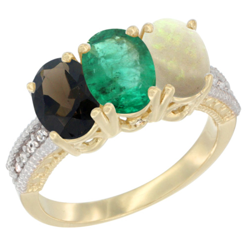 14K Yellow Gold Natural Smoky Topaz, Emerald & Opal Ring 3-Stone 7x5 mm Oval Diamond Accent, sizes 5 - 10