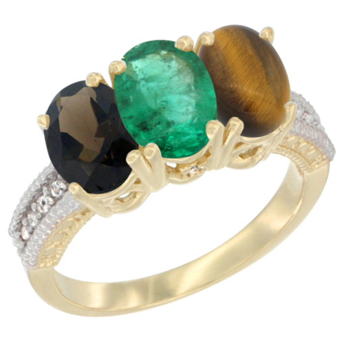 14K Yellow Gold Natural Smoky Topaz, Emerald & Tiger Eye Ring 3-Stone 7x5 mm Oval Diamond Accent, sizes 5 - 10