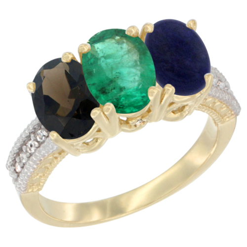 14K Yellow Gold Natural Smoky Topaz, Emerald & Lapis Ring 3-Stone 7x5 mm Oval Diamond Accent, sizes 5 - 10