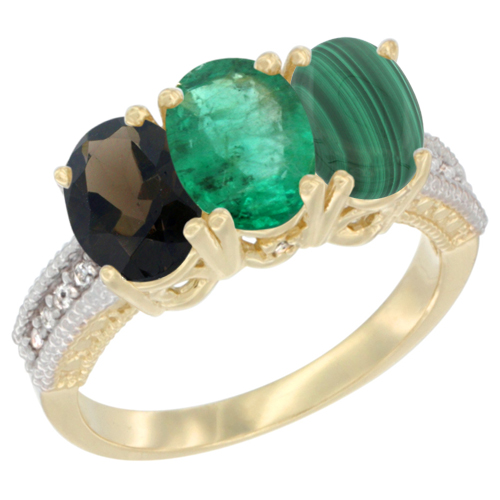 14K Yellow Gold Natural Smoky Topaz, Emerald & Malachite Ring 3-Stone 7x5 mm Oval Diamond Accent, sizes 5 - 10