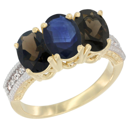 10K Yellow Gold Diamond Natural Blue Sapphire & Smoky Topaz Ring 3-Stone 7x5 mm Oval, sizes 5 - 10
