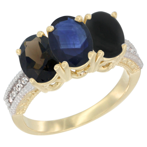 10K Yellow Gold Diamond Natural Smoky Topaz, Blue Sapphire & Black Onyx Ring 3-Stone 7x5 mm Oval, sizes 5 - 10