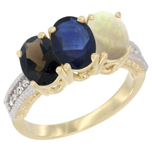 10K Yellow Gold Diamond Natural Smoky Topaz, Blue Sapphire & Opal Ring 3-Stone 7x5 mm Oval, sizes 5 - 10