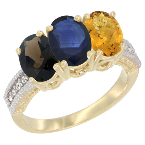 10K Yellow Gold Diamond Natural Smoky Topaz, Blue Sapphire & Whisky Quartz Ring 3-Stone 7x5 mm Oval, sizes 5 - 10