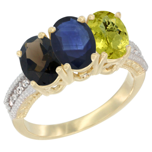 10K Yellow Gold Diamond Natural Smoky Topaz, Blue Sapphire & Lemon Quartz Ring 3-Stone 7x5 mm Oval, sizes 5 - 10