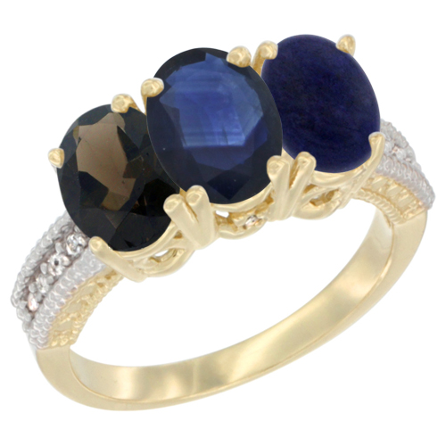 10K Yellow Gold Diamond Natural Smoky Topaz, Blue Sapphire & Lapis Ring 3-Stone 7x5 mm Oval, sizes 5 - 10