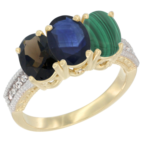 10K Yellow Gold Diamond Natural Smoky Topaz, Blue Sapphire & Malachite Ring 3-Stone 7x5 mm Oval, sizes 5 - 10