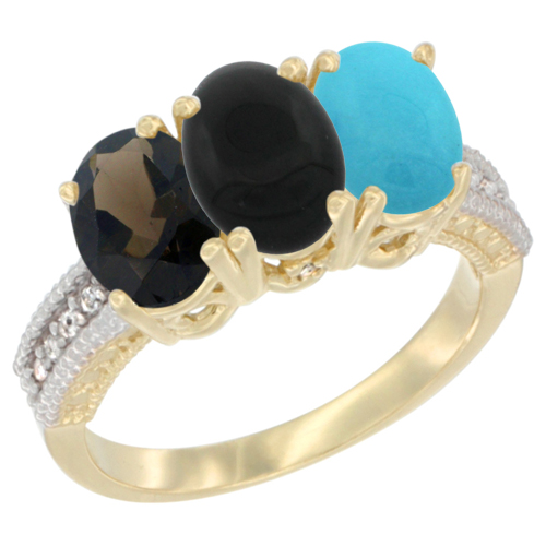 10K Yellow Gold Diamond Natural Smoky Topaz, Black Onyx & Turquoise Ring 3-Stone 7x5 mm Oval, sizes 5 - 10