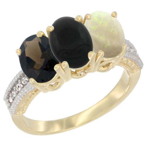 10K Yellow Gold Diamond Natural Smoky Topaz, Black Onyx & Opal Ring 3-Stone 7x5 mm Oval, sizes 5 - 10