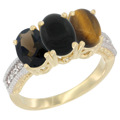 10K Yellow Gold Diamond Natural Smoky Topaz, Black Onyx & Tiger Eye Ring 3-Stone 7x5 mm Oval, sizes 5 - 10
