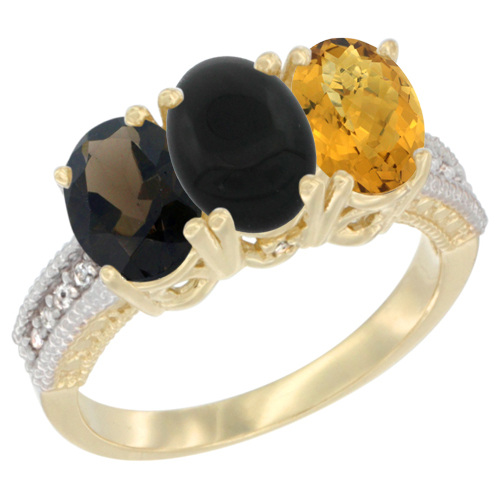 10K Yellow Gold Diamond Natural Smoky Topaz, Black Onyx & Whisky Quartz Ring 3-Stone 7x5 mm Oval, sizes 5 - 10