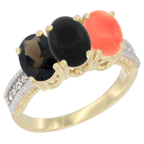 10K Yellow Gold Diamond Natural Smoky Topaz, Black Onyx & Coral Ring 3-Stone 7x5 mm Oval, sizes 5 - 10