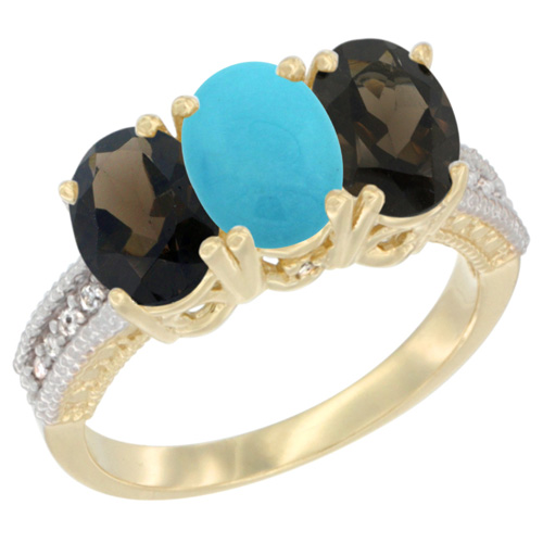 10K Yellow Gold Diamond Natural Turquoise & Smoky Topaz Ring 3-Stone 7x5 mm Oval, sizes 5 - 10