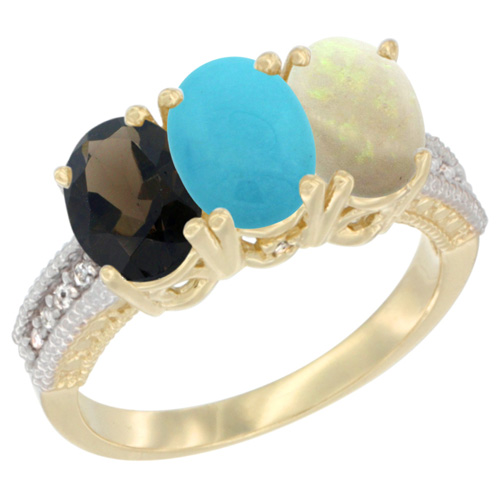 10K Yellow Gold Diamond Natural Smoky Topaz, Turquoise & Opal Ring 3-Stone 7x5 mm Oval, sizes 5 - 10