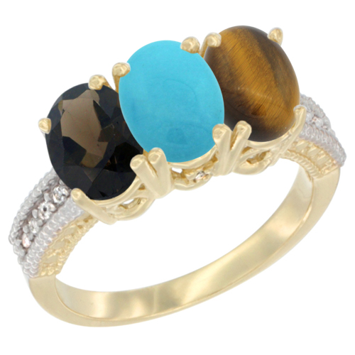 10K Yellow Gold Diamond Natural Smoky Topaz, Turquoise & Tiger Eye Ring 3-Stone 7x5 mm Oval, sizes 5 - 10
