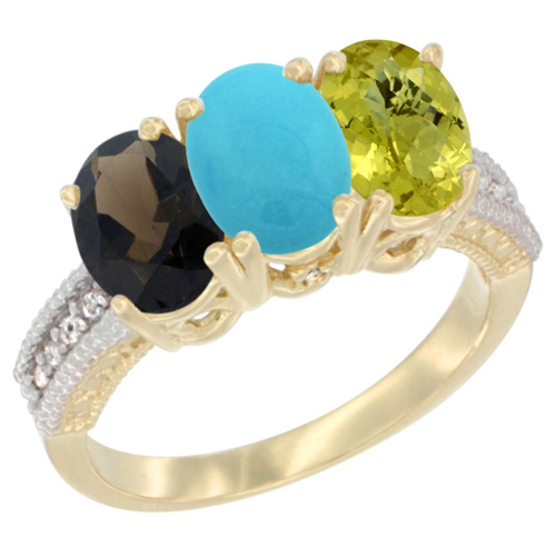 10K Yellow Gold Diamond Natural Smoky Topaz, Turquoise & Lemon Quartz Ring 3-Stone 7x5 mm Oval, sizes 5 - 10