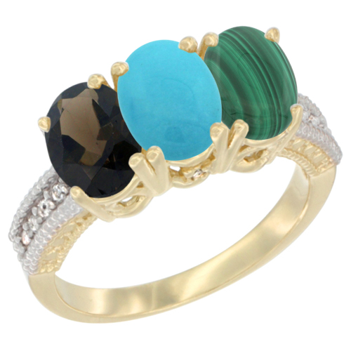 10K Yellow Gold Diamond Natural Smoky Topaz, Turquoise & Malachite Ring 3-Stone 7x5 mm Oval, sizes 5 - 10