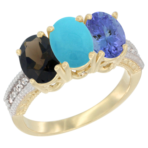 10K Yellow Gold Diamond Natural Smoky Topaz, Turquoise & Tanzanite Ring 3-Stone 7x5 mm Oval, sizes 5 - 10