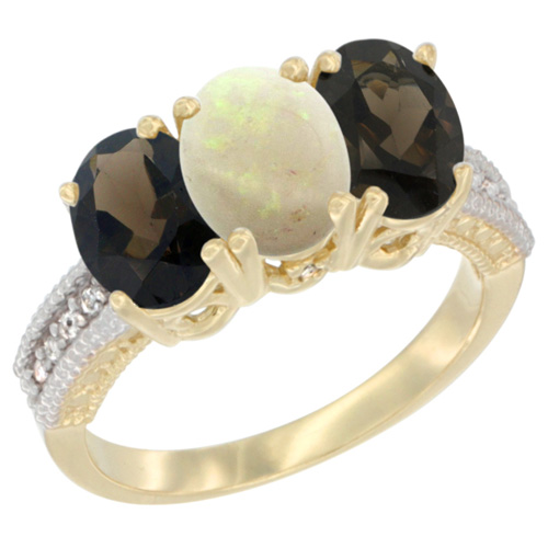 14K Yellow Gold Natural Opal & Smoky Topaz Ring 3-Stone 7x5 mm Oval Diamond Accent, sizes 5 - 10