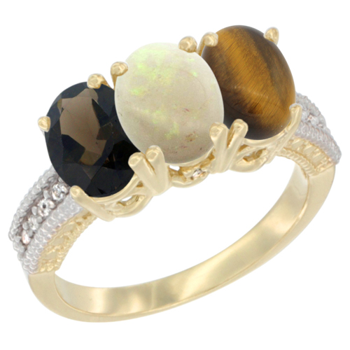 14K Yellow Gold Natural Smoky Topaz, Opal & Tiger Eye Ring 3-Stone 7x5 mm Oval Diamond Accent, sizes 5 - 10