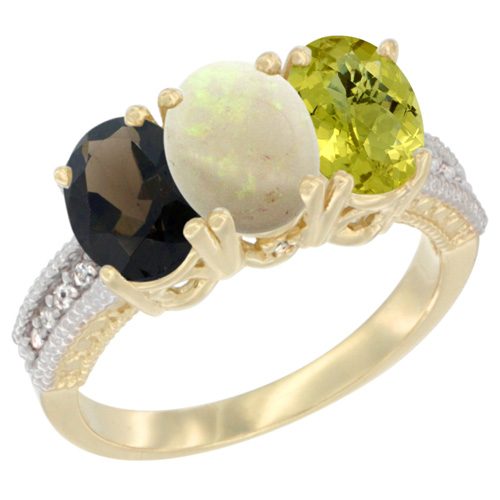 14K Yellow Gold Natural Smoky Topaz, Opal & Lemon Quartz Ring 3-Stone 7x5 mm Oval Diamond Accent, sizes 5 - 10