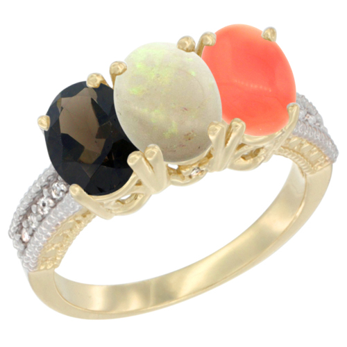 14K Yellow Gold Natural Smoky Topaz, Opal & Coral Ring 3-Stone 7x5 mm Oval Diamond Accent, sizes 5 - 10