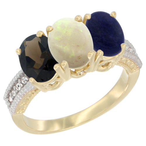 14K Yellow Gold Natural Smoky Topaz, Opal & Lapis Ring 3-Stone 7x5 mm Oval Diamond Accent, sizes 5 - 10