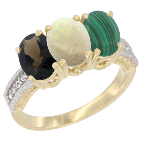 14K Yellow Gold Natural Smoky Topaz, Opal & Malachite Ring 3-Stone 7x5 mm Oval Diamond Accent, sizes 5 - 10