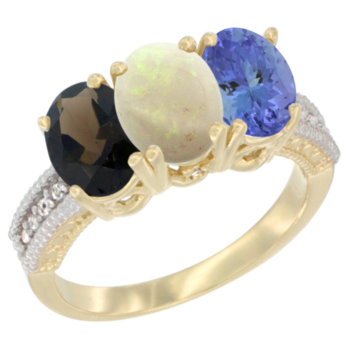 14K Yellow Gold Natural Smoky Topaz, Opal & Tanzanite Ring 3-Stone 7x5 mm Oval Diamond Accent, sizes 5 - 10